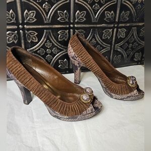 ISABELLA FIORE Ruffled Suede Accent Peep Toe Heels